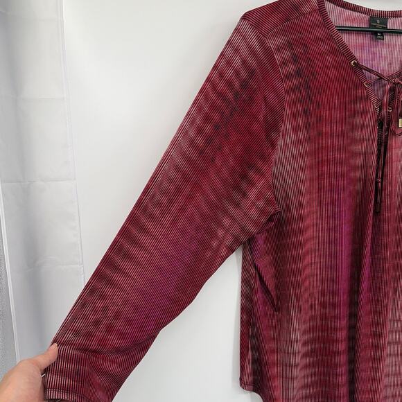 Worthington Lace Up Neck Womens Top Sz 3X Boho Flowy Burgundy Office Striped - Picture 4 of 8